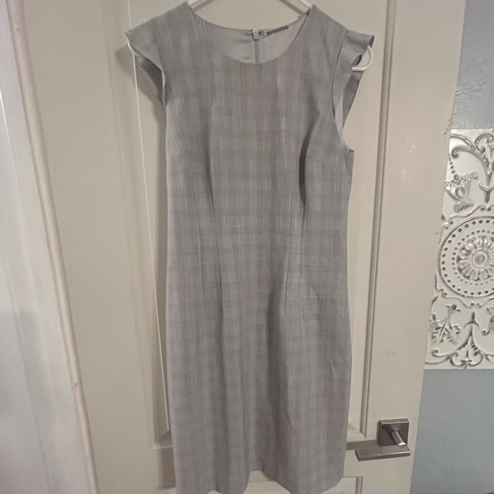 Elie Tahari Gray Plaid Gingham Ruffle Cap-Sleeve Dress